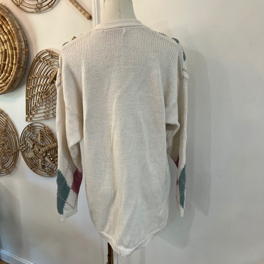 Vintage Venezia Cream Ramie Cotton Embroidered Floral Argyle Cardigan 18/20 - Picture 6 of 10
